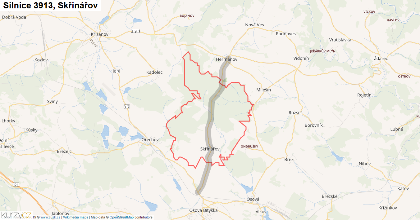 Skřinářov, Silnice 3913 - Mapa