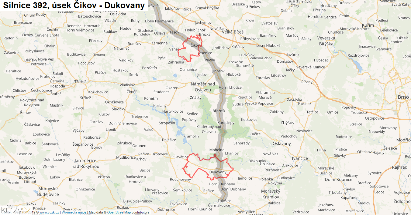 Úsek Čikov - Dukovany, Silnice 392 - Mapa