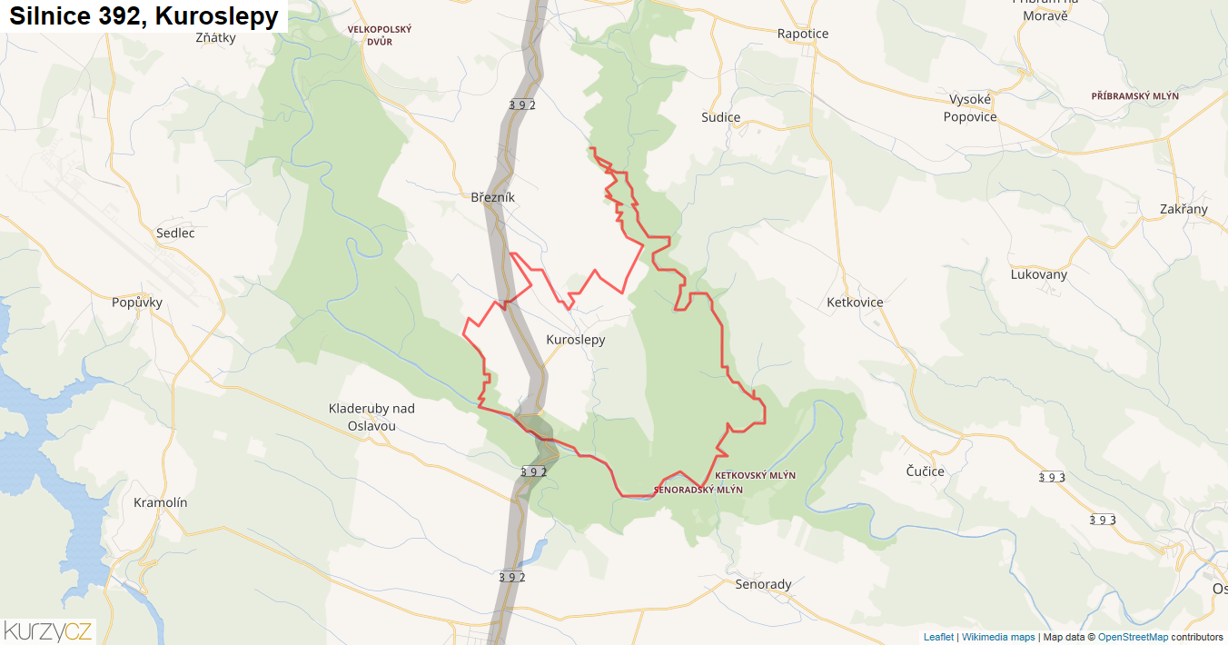 Kuroslepy, Silnice 392 - Mapa