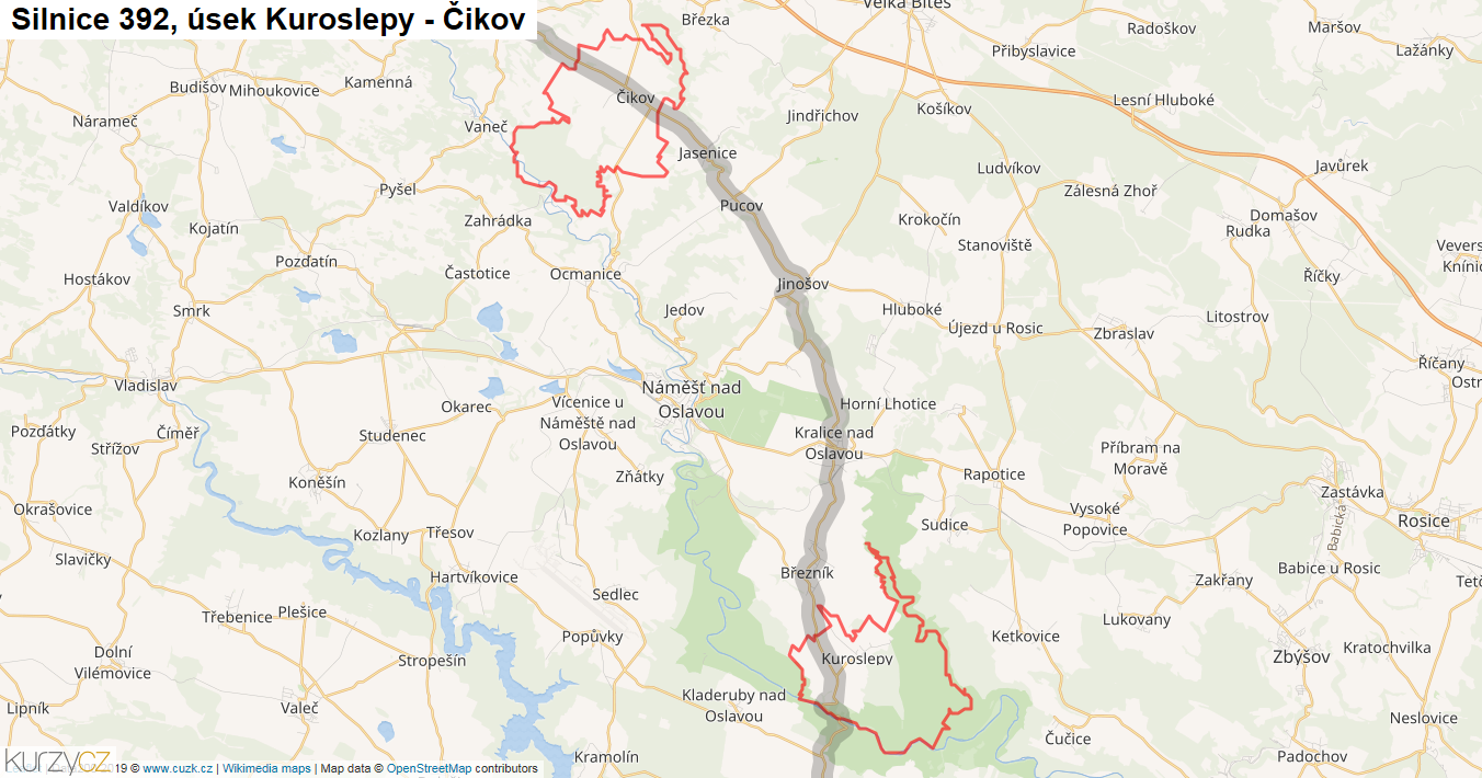 Úsek Kuroslepy - Čikov, Silnice 392 - Mapa