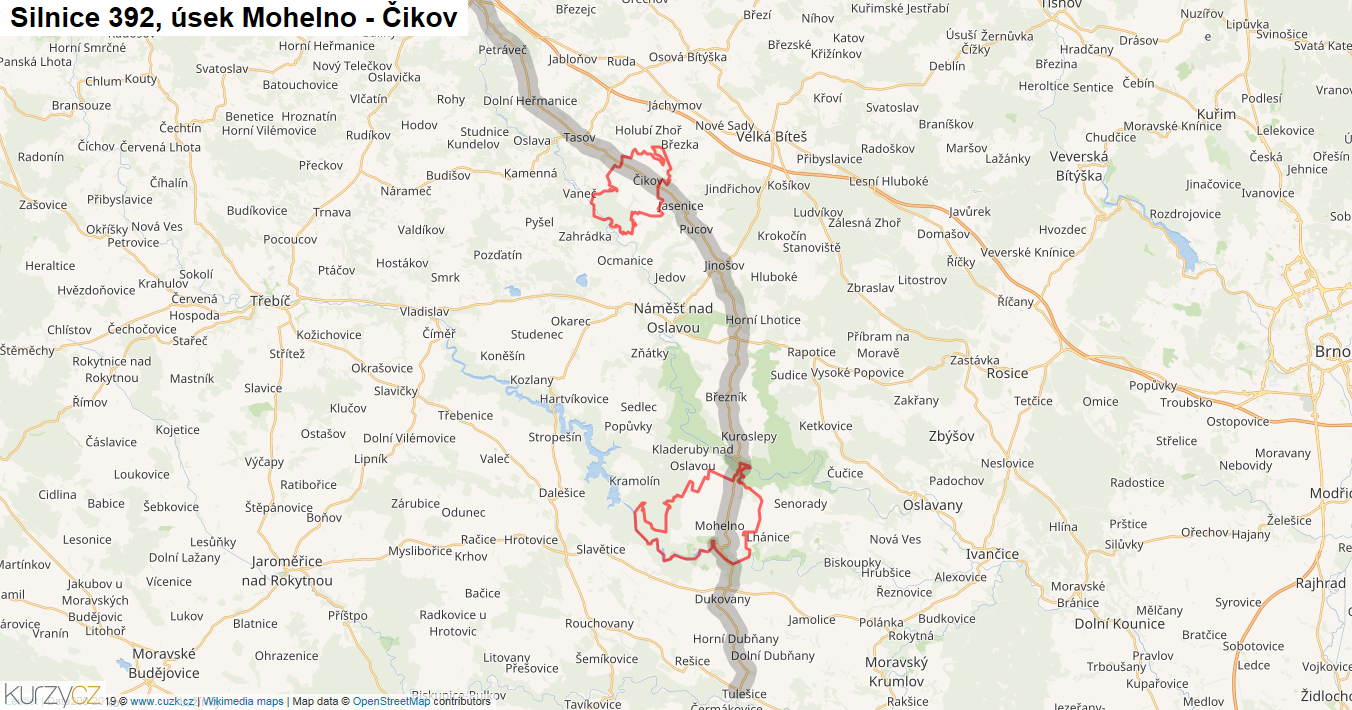 Úsek Mohelno - Čikov, Silnice 392 - Mapa