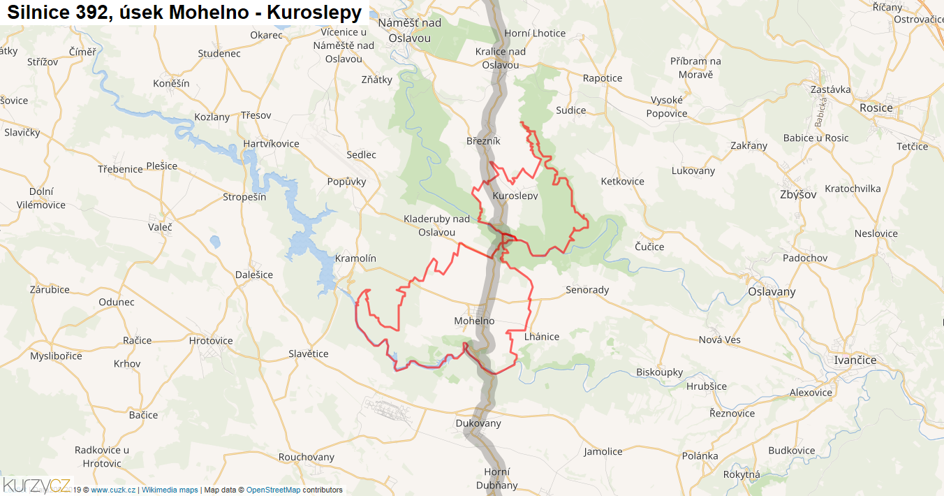 Úsek Mohelno - Kuroslepy, Silnice 392 - Mapa