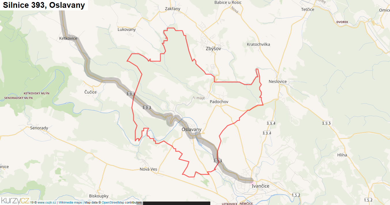 Oslavany, Silnice 393 - Mapa