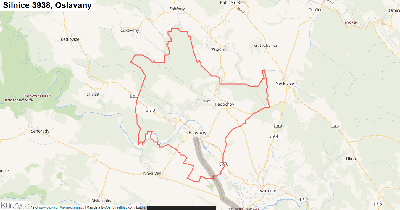 Oslavany, Silnice 3938 - Mapa