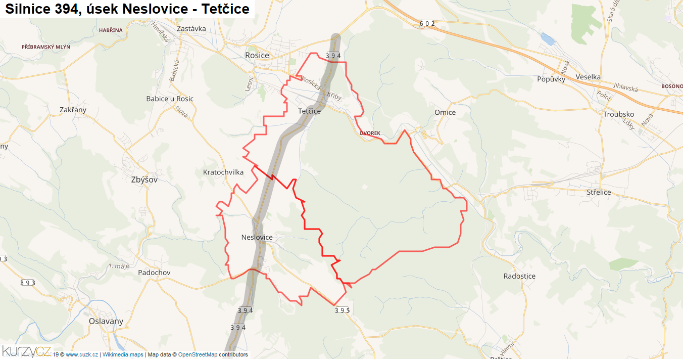 Úsek Neslovice - Tetčice, Silnice 394 - Mapa