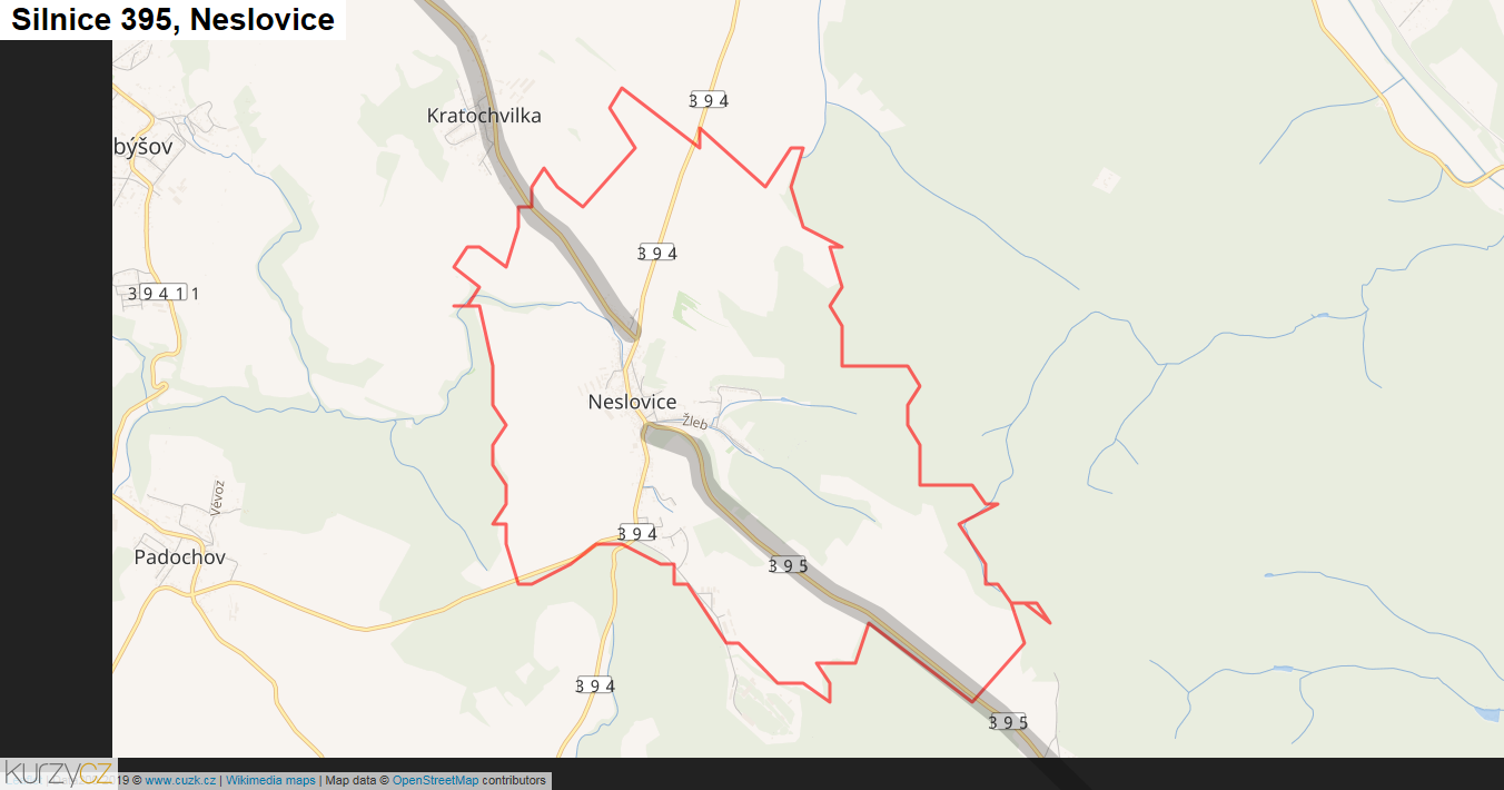 Neslovice, Silnice 395 - Mapa