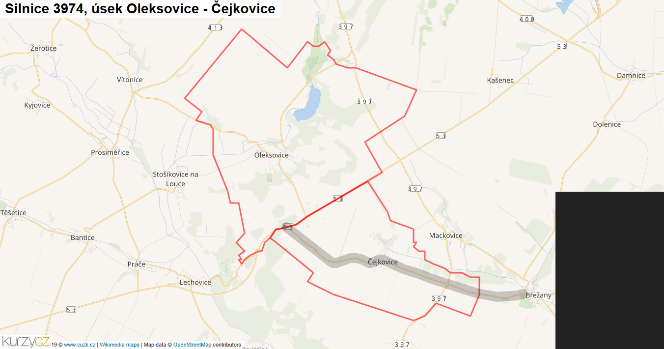 Úsek Oleksovice - Čejkovice, Silnice 3974 - Mapa