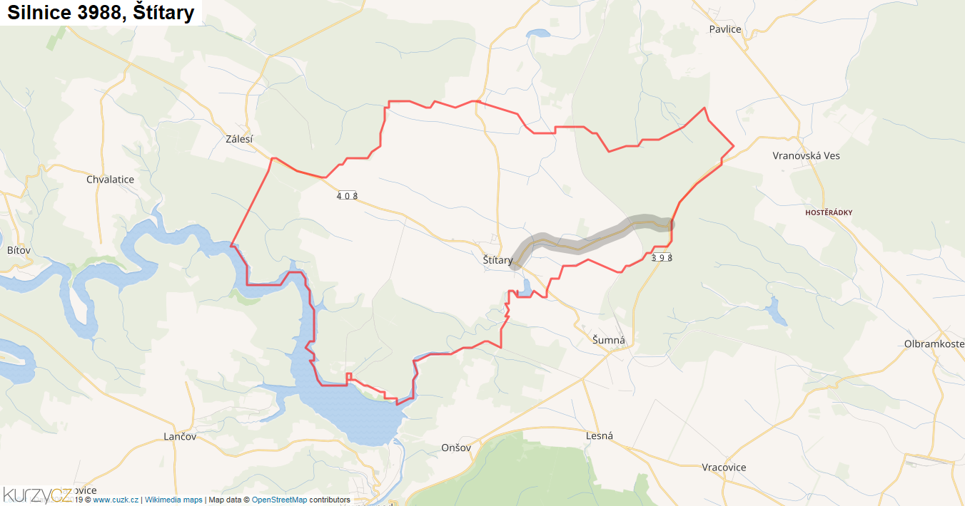 Štítary, Silnice 3988 - Mapa