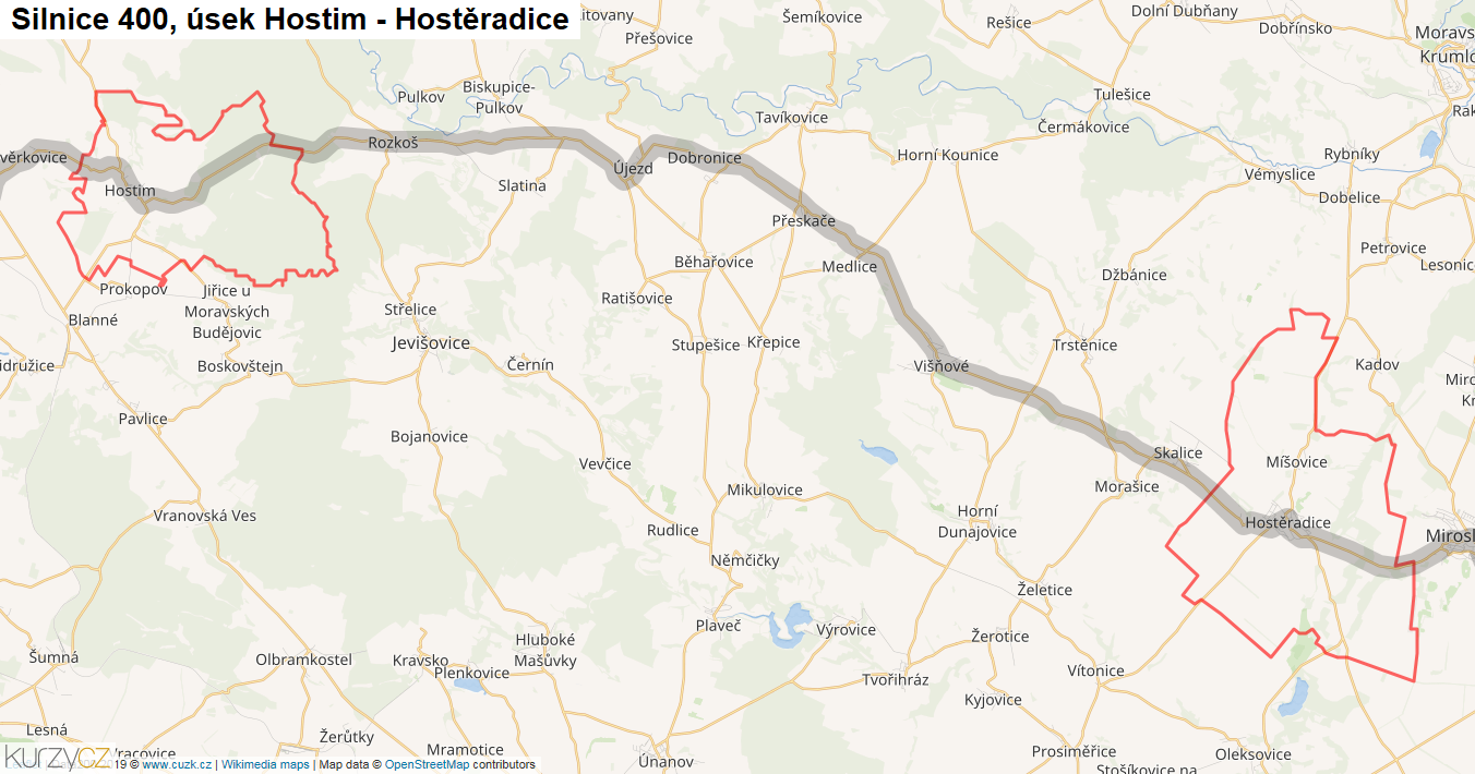 Úsek Hostim - Hostěradice, Silnice 400 - Mapa