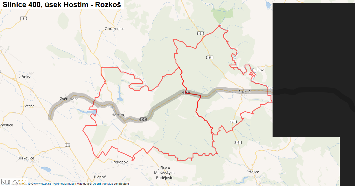 Úsek Hostim - Rozkoš, Silnice 400 - Mapa
