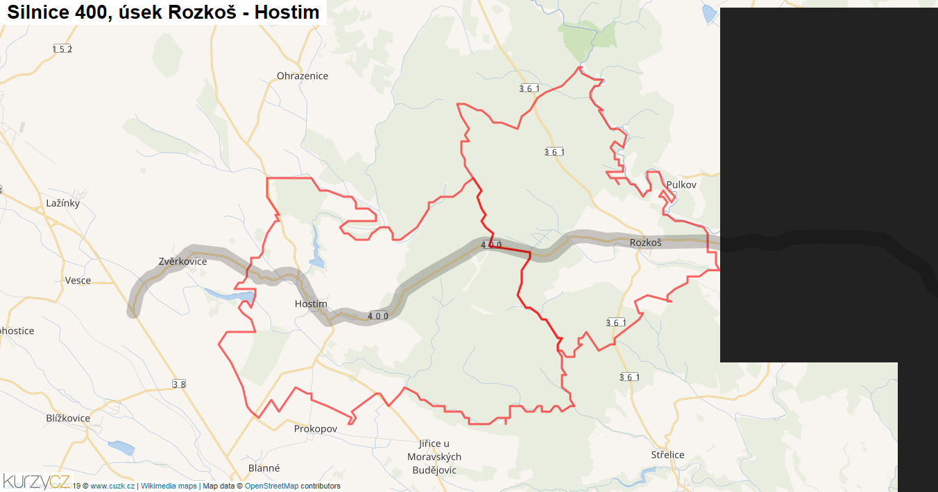 Úsek Rozkoš - Hostim, Silnice 400 - Mapa