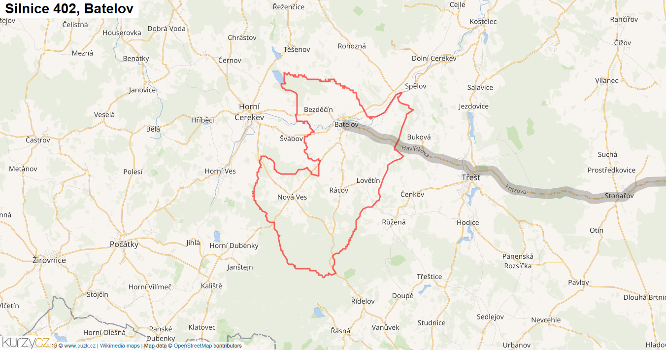 Batelov, Silnice 402 - Mapa