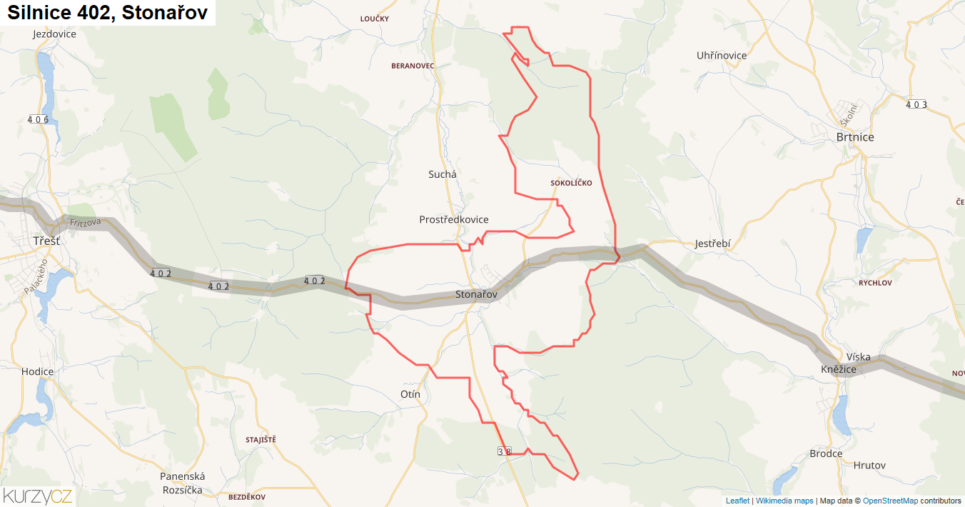 Stonařov, Silnice 402 - Mapa