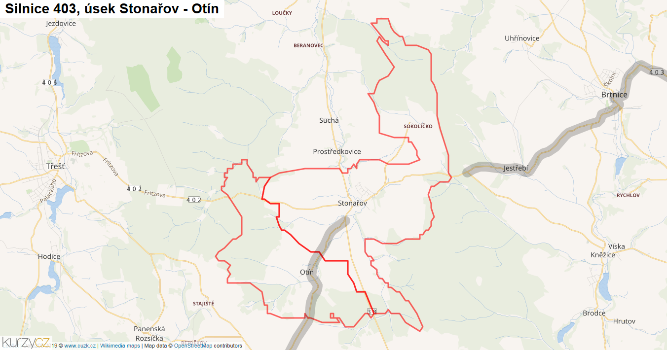 Úsek Stonařov - Otín, Silnice 403 - Mapa