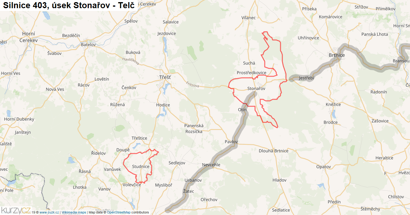 Úsek Stonařov - Telč, Silnice 403 - Mapa