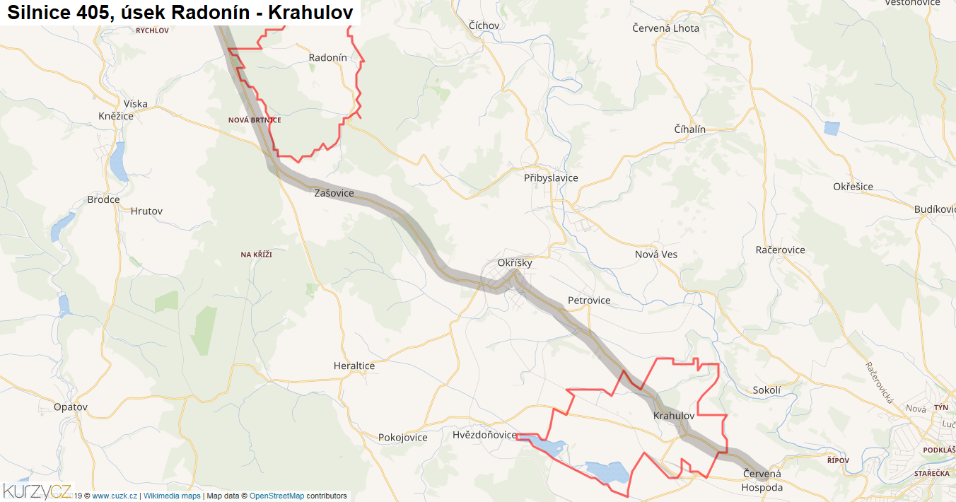 Úsek Radonín - Krahulov, Silnice 405 - Mapa