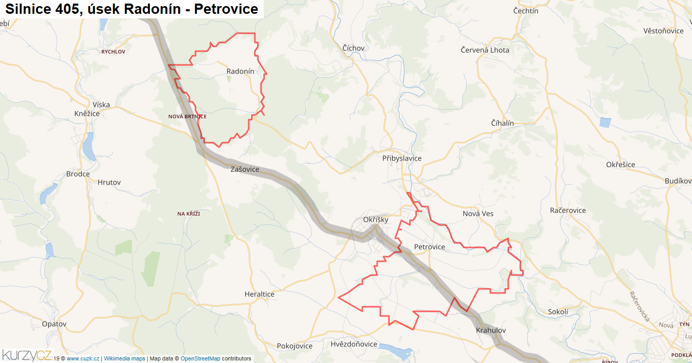 Úsek Radonín - Petrovice, Silnice 405 - Mapa