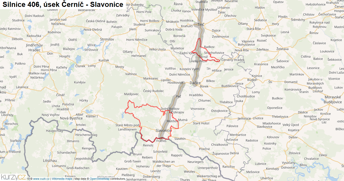Úsek Černíč - Slavonice, Silnice 406 - Mapa