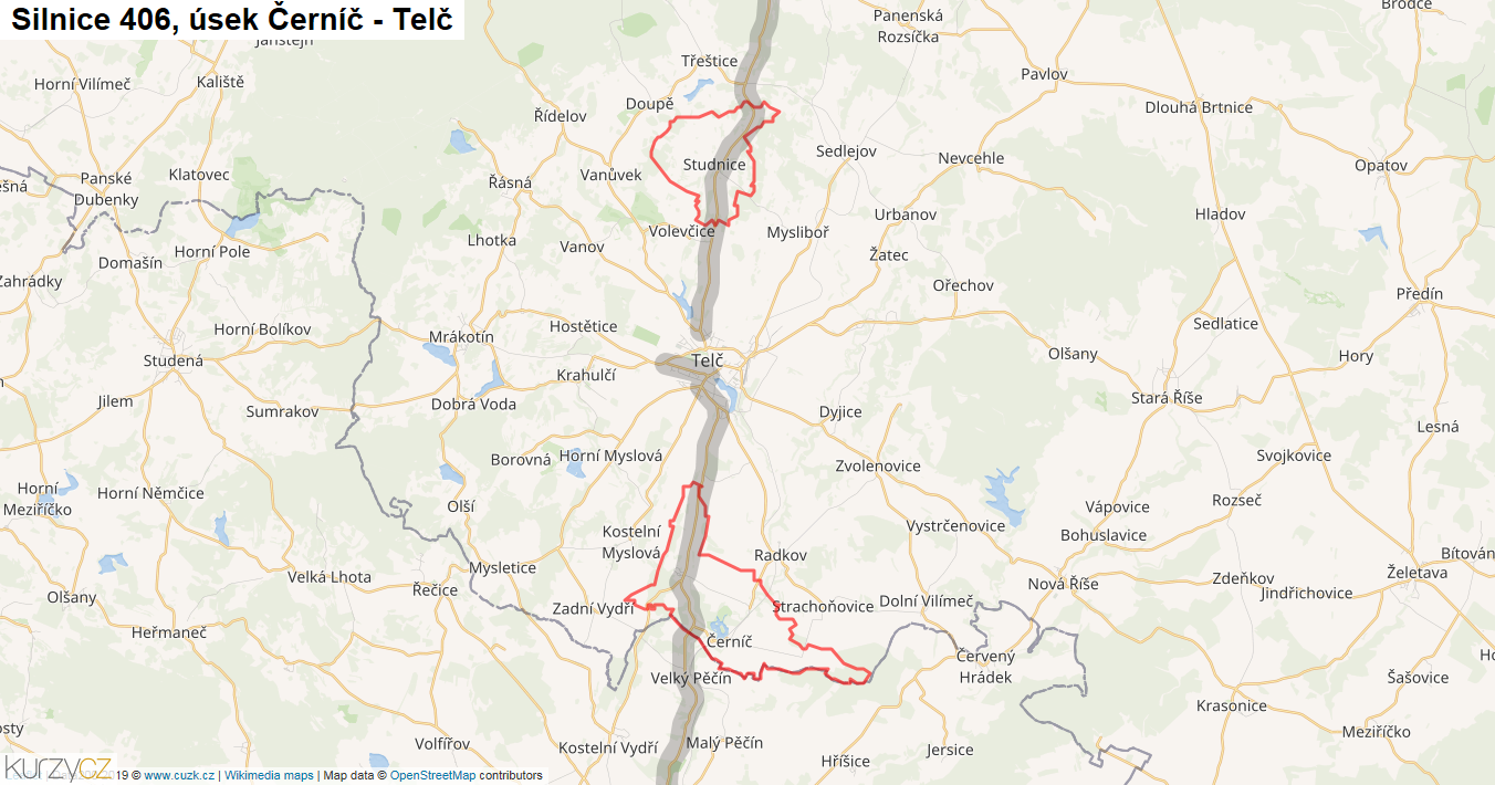 Úsek Černíč - Telč, Silnice 406 - Mapa