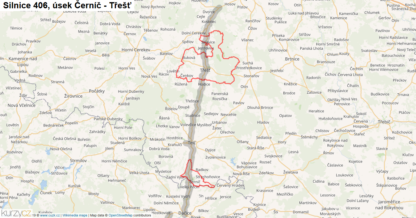 Úsek Černíč - Třešť, Silnice 406 - Mapa