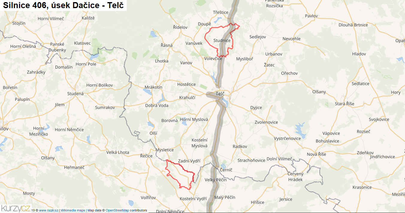 Úsek Dačice - Telč, Silnice 406 - Mapa