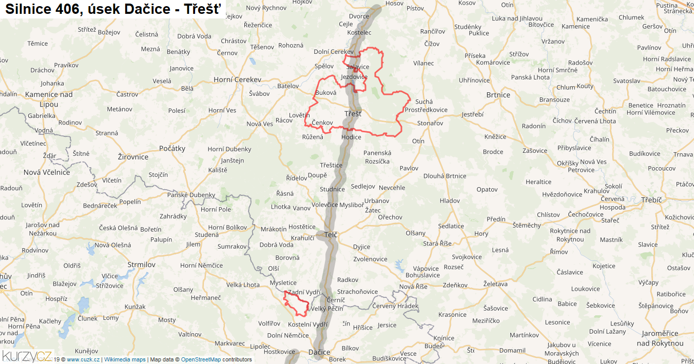 Úsek Dačice - Třešť, Silnice 406 - Mapa