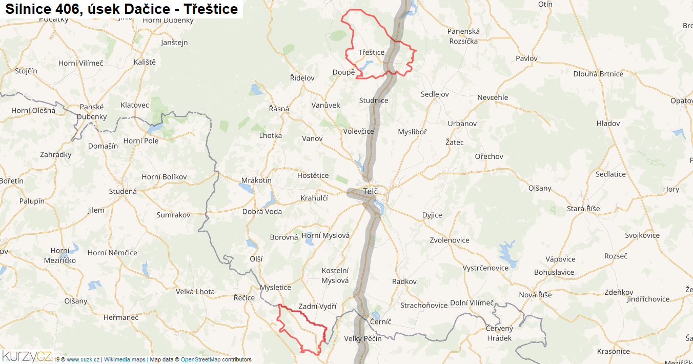 Úsek Dačice - Třeštice, Silnice 406 - Mapa