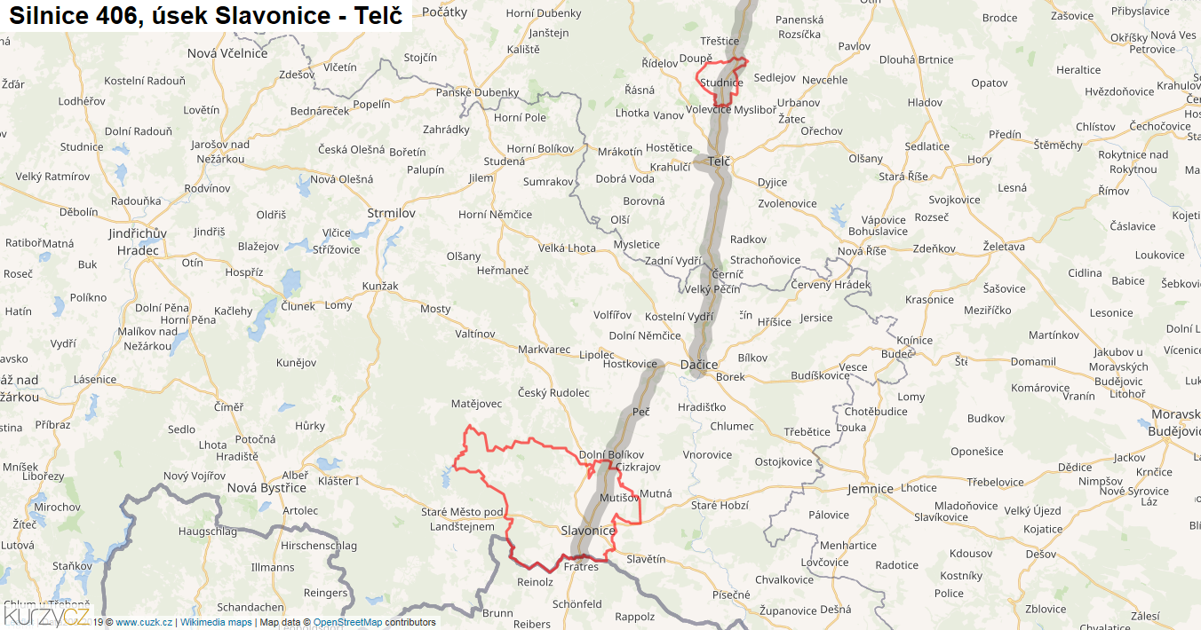 Úsek Slavonice - Telč, Silnice 406 - Mapa