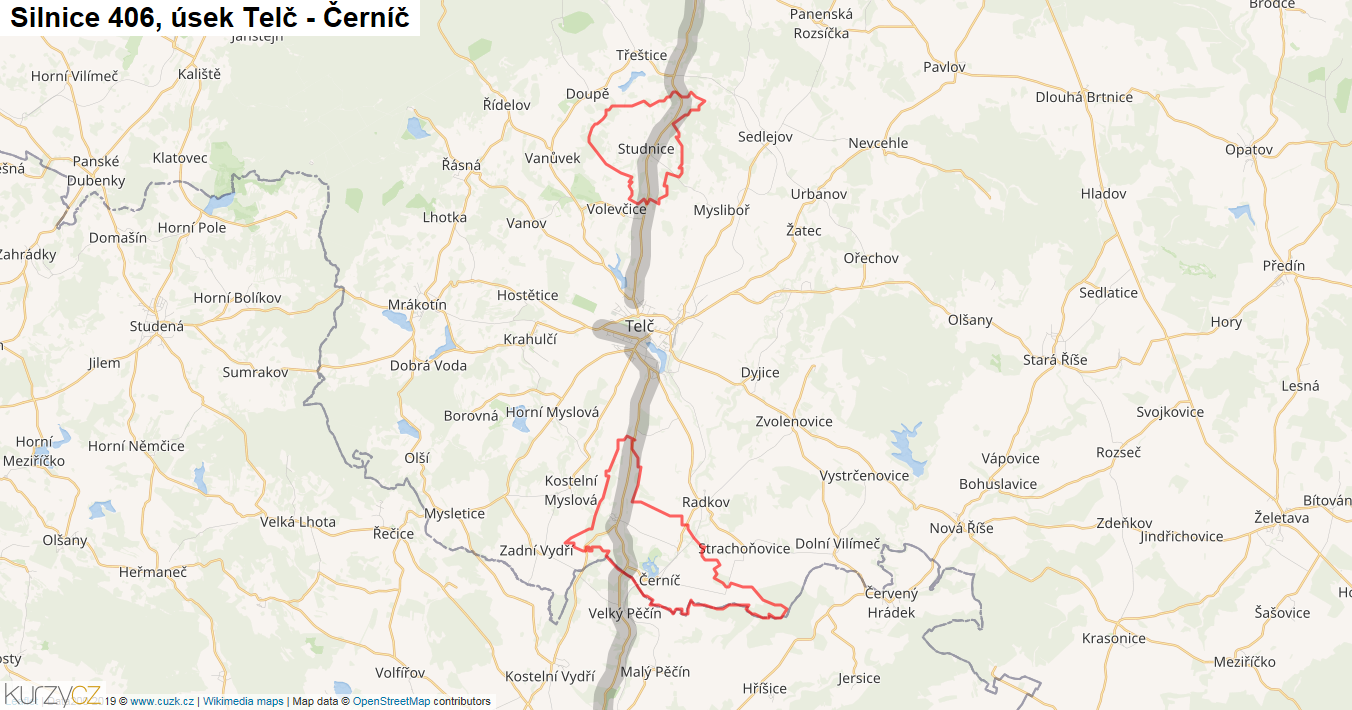 Úsek Telč - Černíč, Silnice 406 - Mapa