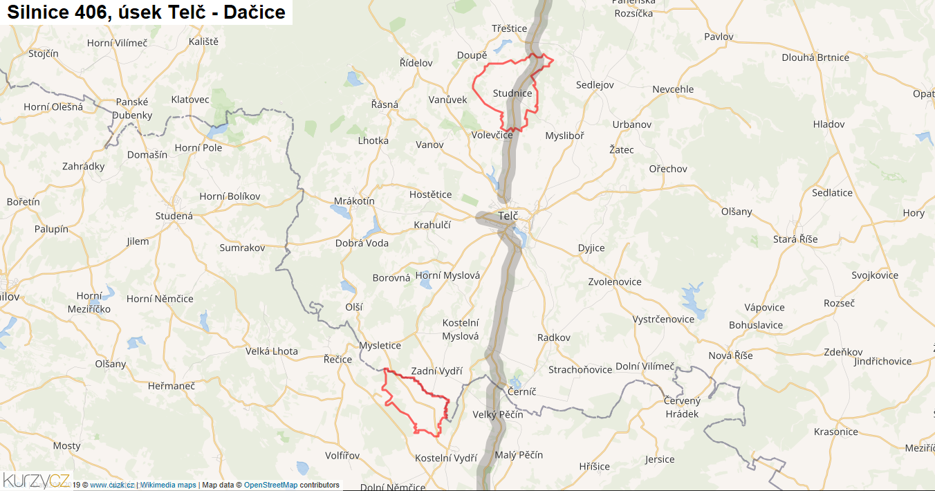 Úsek Telč - Dačice, Silnice 406 - Mapa