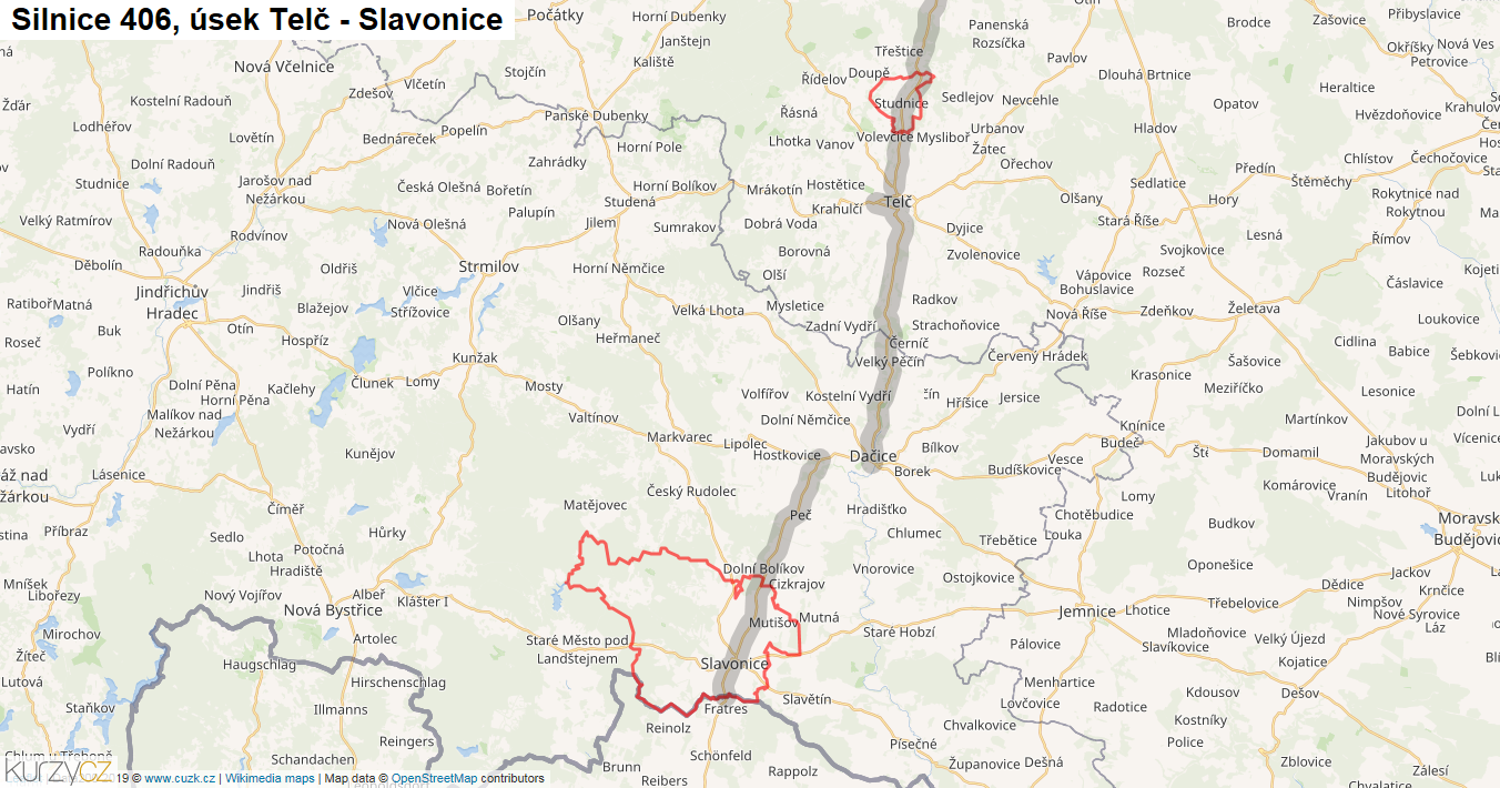 Úsek Telč - Slavonice, Silnice 406 - Mapa