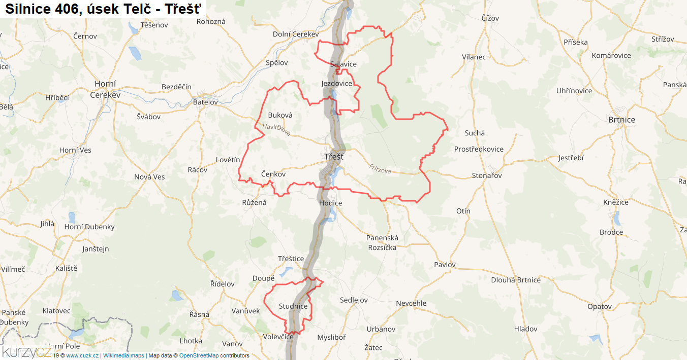Úsek Telč - Třešť, Silnice 406 - Mapa