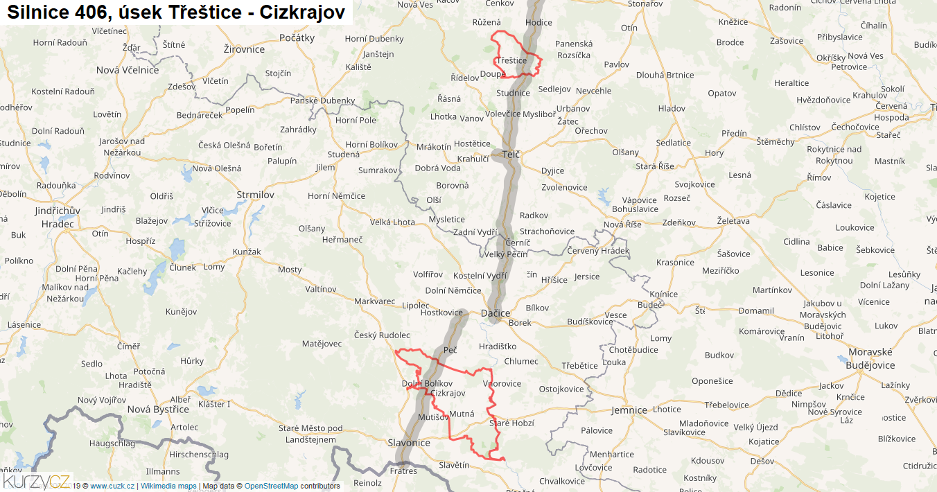 Úsek Třeštice - Cizkrajov, Silnice 406 - Mapa