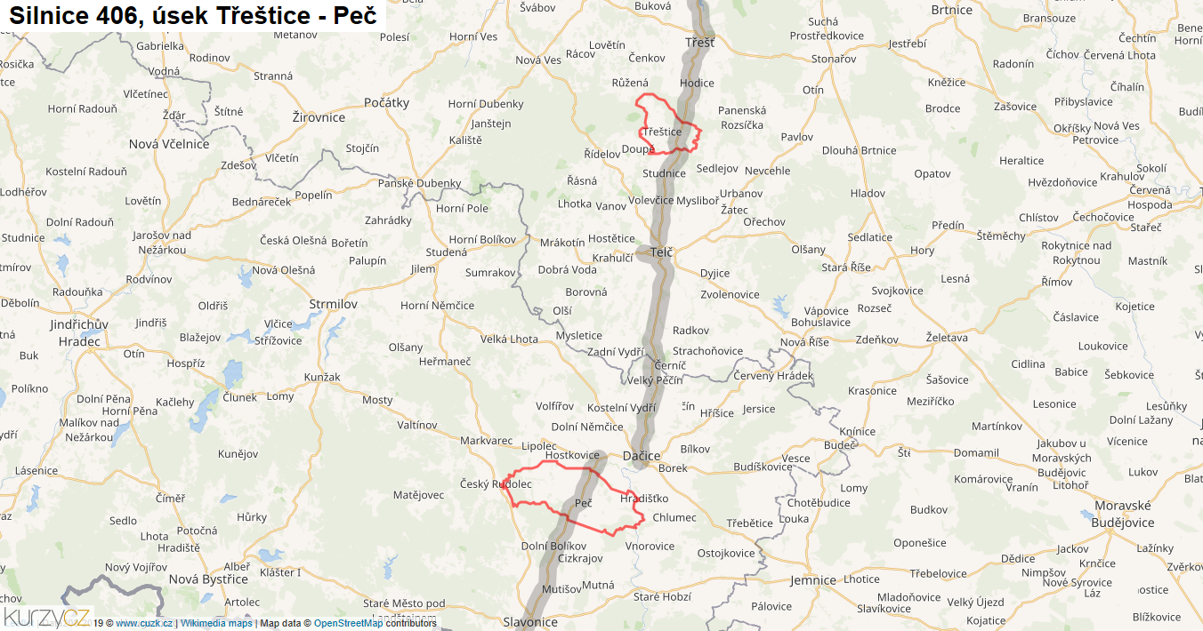 Úsek Třeštice - Peč, Silnice 406 - Mapa