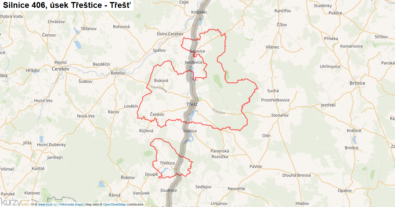 Úsek Třeštice - Třešť, Silnice 406 - Mapa