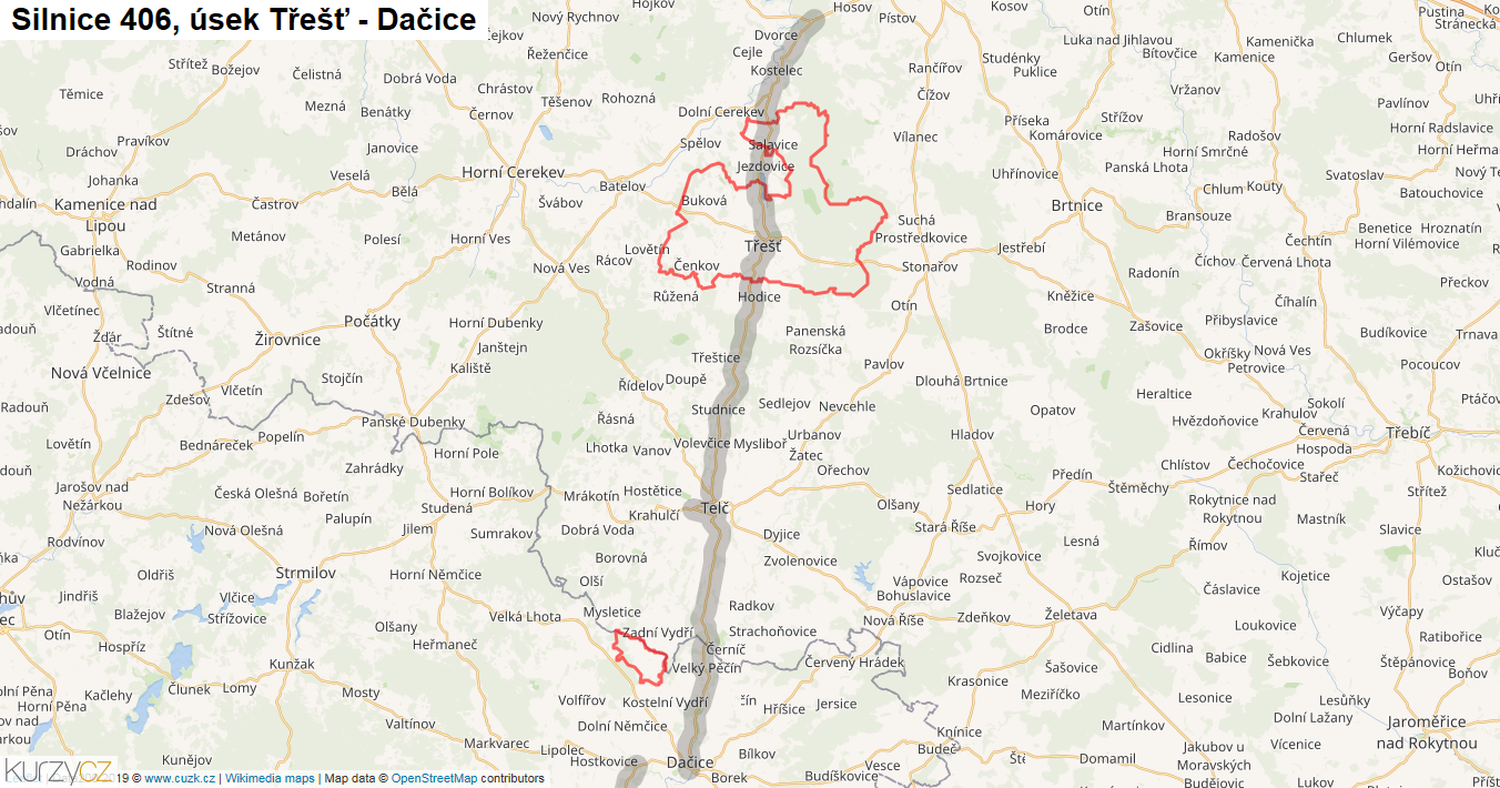 Úsek Třešť - Dačice, Silnice 406 - Mapa