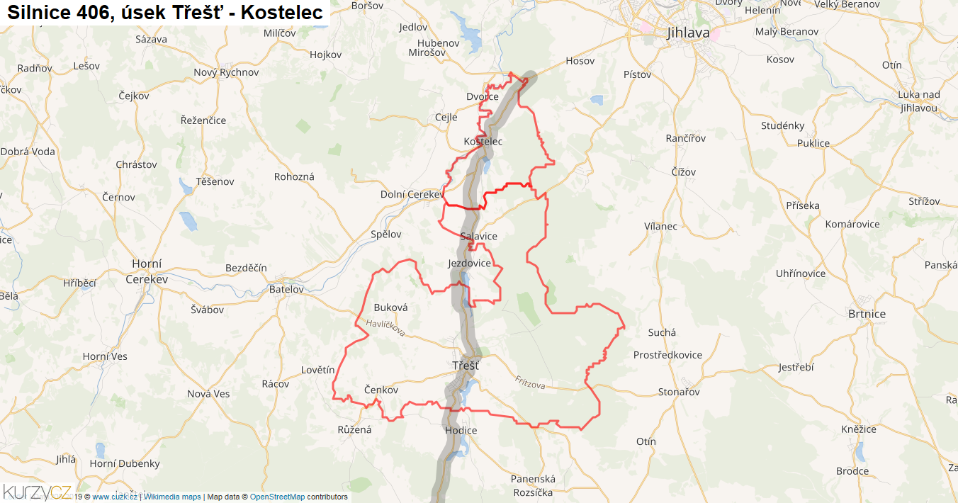 Úsek Třešť - Kostelec, Silnice 406 - Mapa