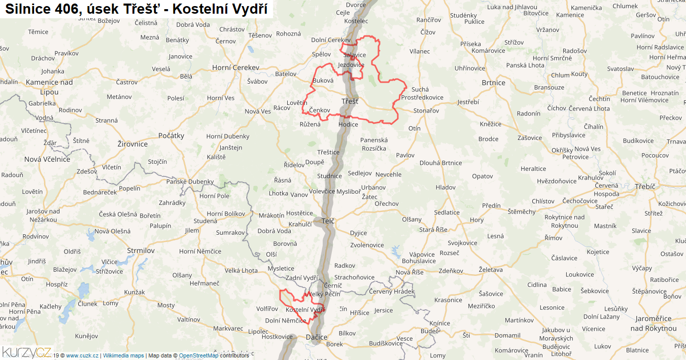 Úsek Třešť - Kostelní Vydří, Silnice 406 - Mapa