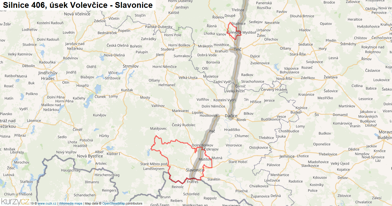 Úsek Volevčice - Slavonice, Silnice 406 - Mapa