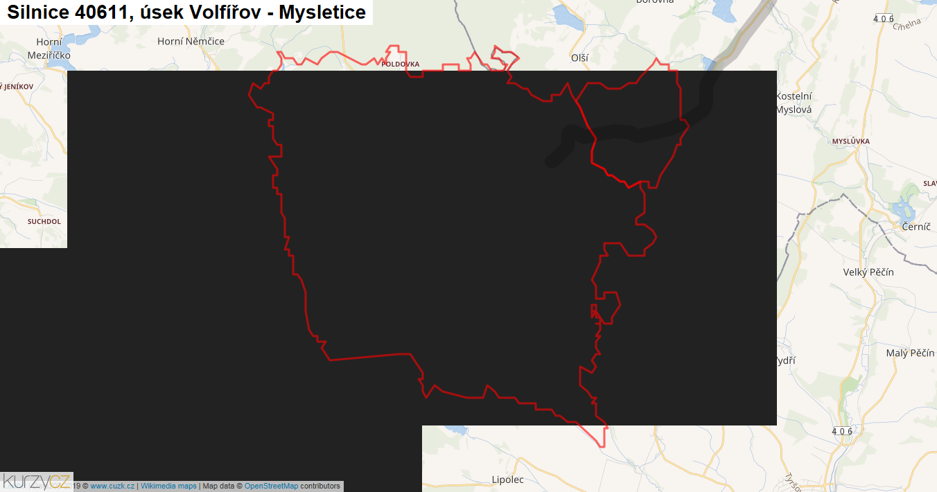 Úsek Volfířov - Mysletice, Silnice 40611 - Mapa