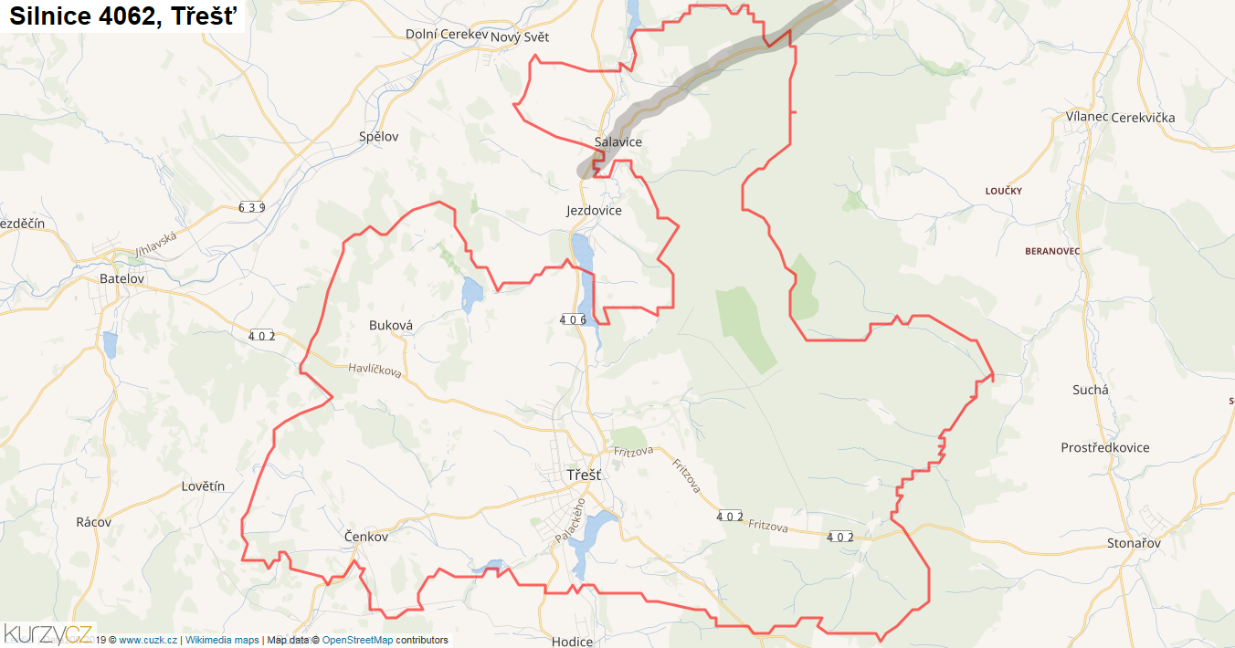 Třešť, Silnice 4062 - Mapa