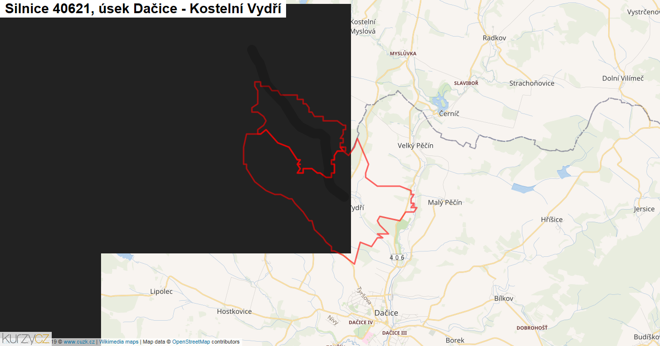 Úsek Dačice - Kostelní Vydří, Silnice 40621 - Mapa