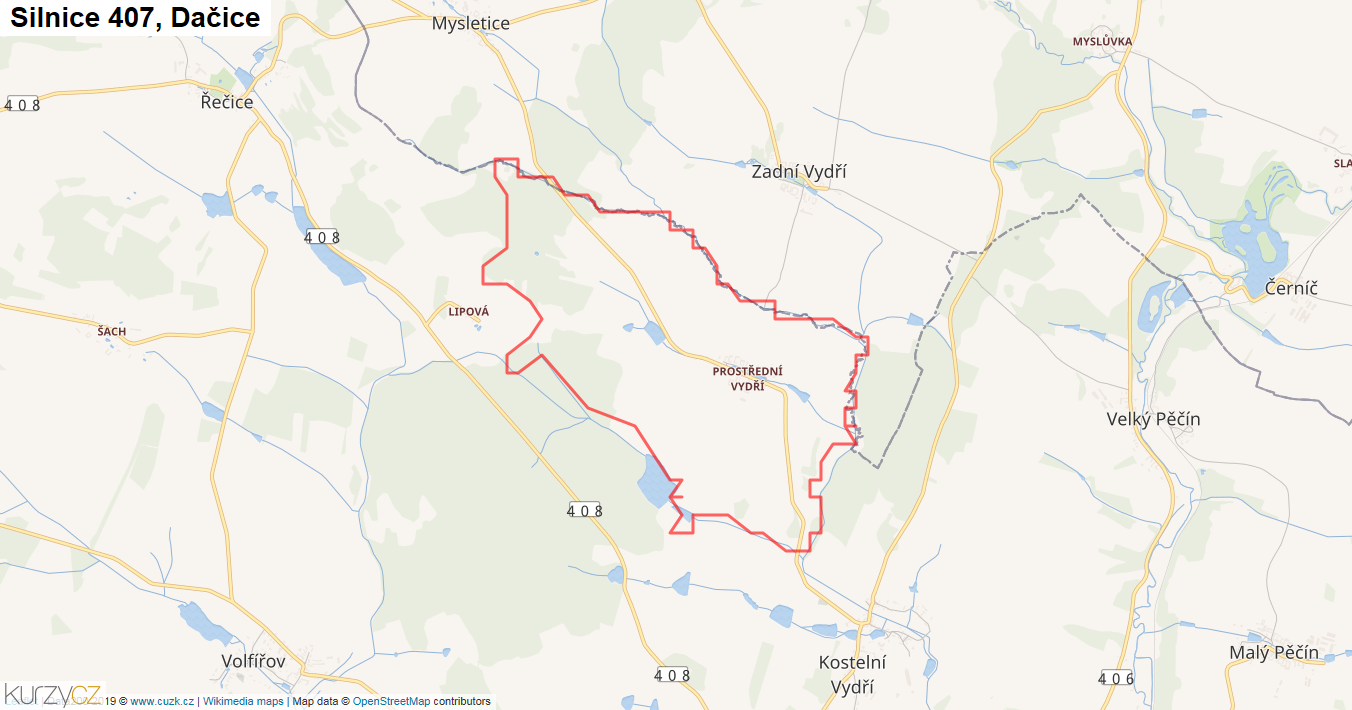 Dačice, Silnice 407 - Mapa