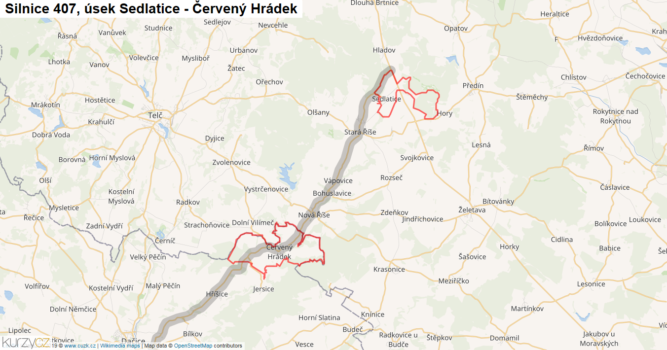 Úsek Sedlatice - Červený Hrádek, Silnice 407 - Mapa