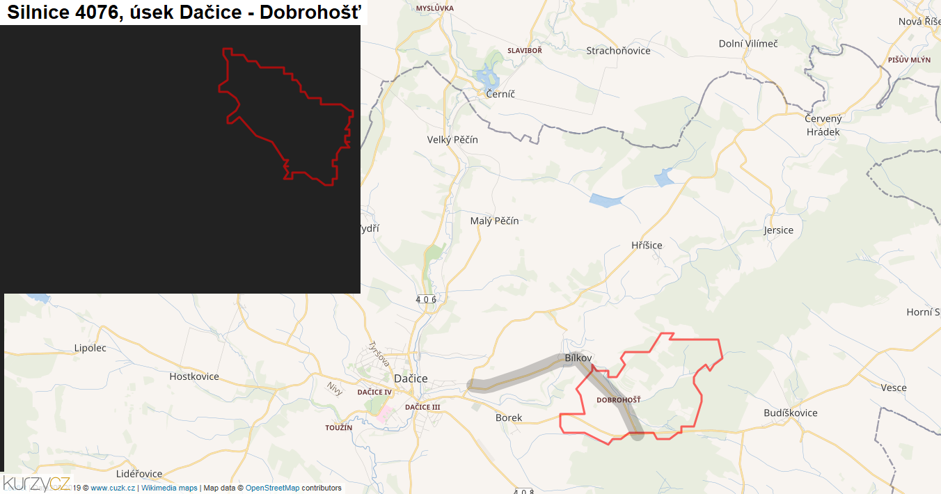 Úsek Dačice - Dobrohošť, Silnice 4076 - Mapa