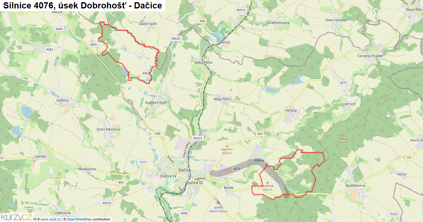 Úsek Dobrohošť - Dačice, Silnice 4076 - Mapa