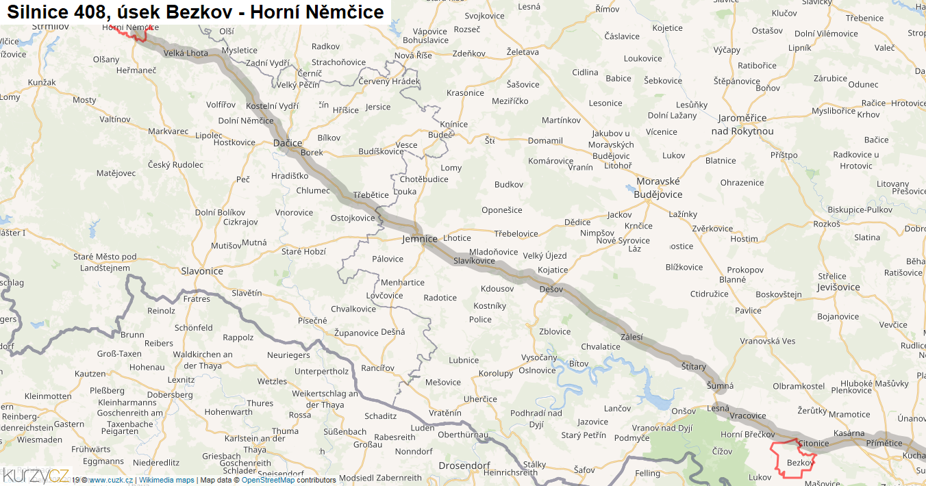Úsek Bezkov - Horní Němčice, Silnice 408 - Mapa