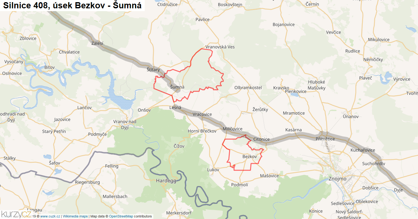 Úsek Bezkov - Šumná, Silnice 408 - Mapa