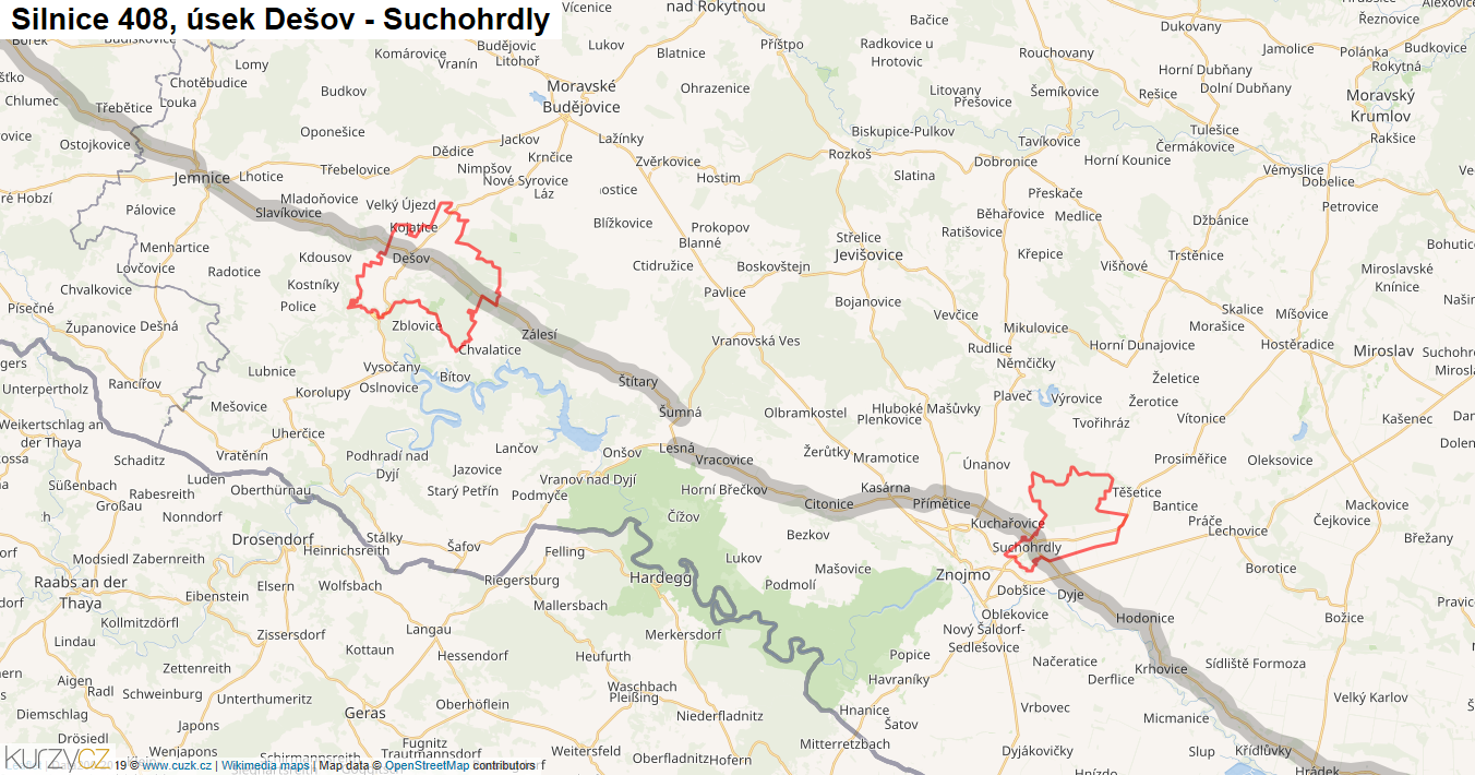 Úsek Dešov - Suchohrdly, Silnice 408 - Mapa