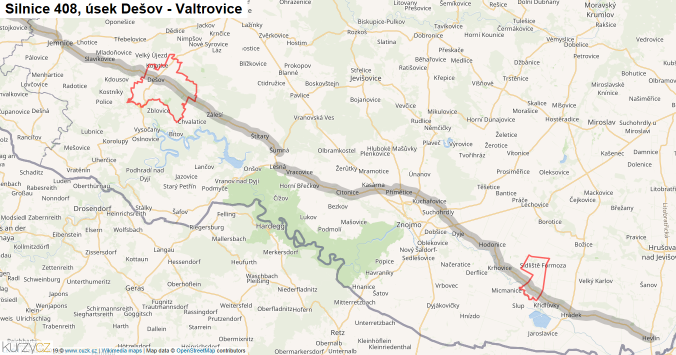Úsek Dešov - Valtrovice, Silnice 408 - Mapa